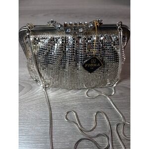 Vintage Fiora Silver Mesh Evening Bag Rhinestone Frame Crossbody Clutch w/ Strap